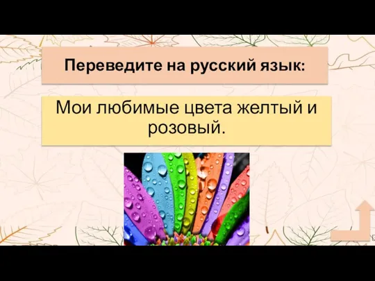 Переведите на русский язык: Мои любимые цвета желтый и розовый.