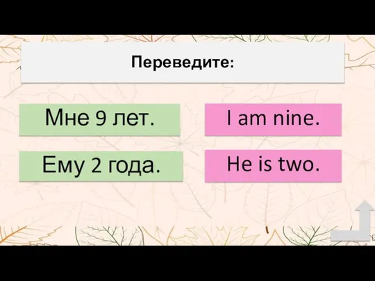 Переведите: Мне 9 лет. Ему 2 года. I am nine. He is two.