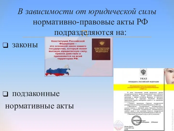В зависимости от юридической силы нормативно-правовые акты РФ подразделяются на: законы подзаконные нормативные акты