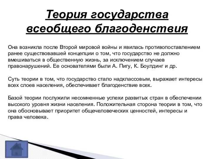 Теория государства всеобщего благоденствия Она возникла после Второй мировой войны и