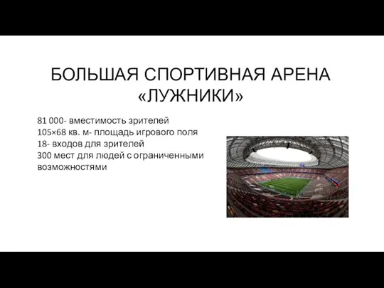 БОЛЬШАЯ СПОРТИВНАЯ АРЕНА «ЛУЖНИКИ» 81 000- вместимость зрителей 105×68 кв. м-