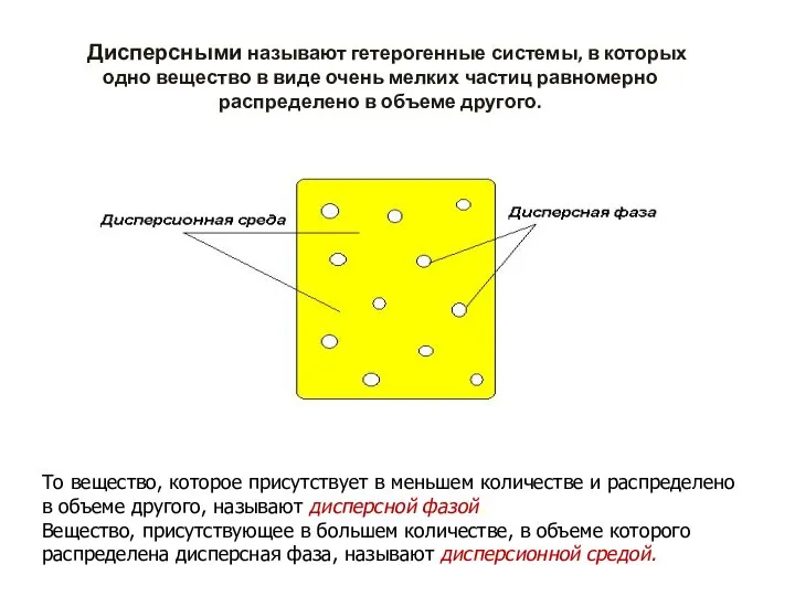 Дисперсными называют гетерогенные системы, в которых одно вещество в виде очень