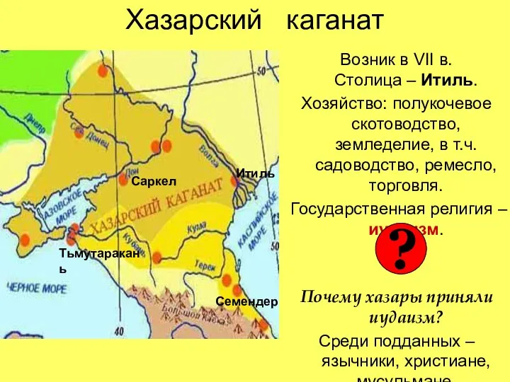 Хазарский каганат Возник в VII в. Столица – Итиль. Хозяйство: полукочевое