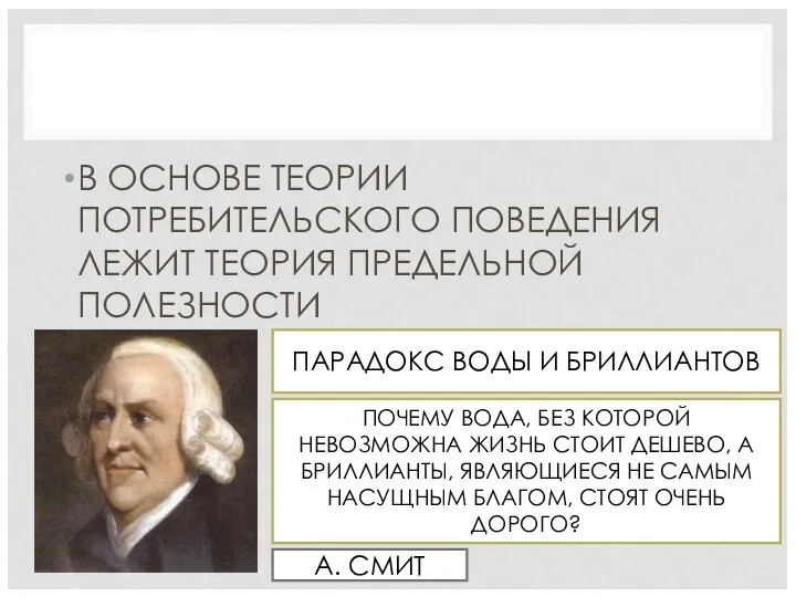 В ОСНОВЕ ТЕОРИИ ПОТРЕБИТЕЛЬСКОГО ПОВЕДЕНИЯ ЛЕЖИТ ТЕОРИЯ ПРЕДЕЛЬНОЙ ПОЛЕЗНОСТИ А. СМИТ