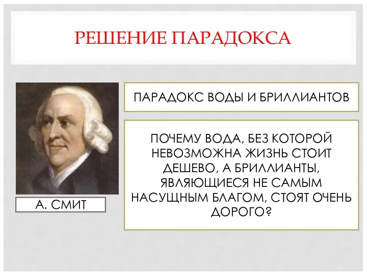 РЕШЕНИЕ ПАРАДОКСА А. СМИТ ПАРАДОКС ВОДЫ И БРИЛЛИАНТОВ ПОЧЕМУ ВОДА, БЕЗ