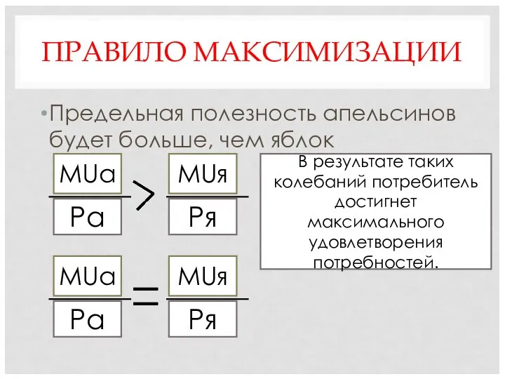 ПРАВИЛО МАКСИМИЗАЦИИ Предельная полезность апельсинов будет больше, чем яблок МUа Ра