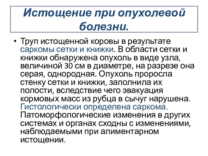 Истощение при опухолевой болезни. Труп истощенной коровы в результате саркомы сетки