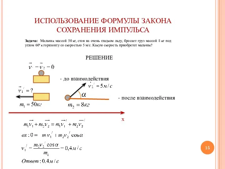 ИСПОЛЬЗОВАНИЕ ФОРМУЛЫ ЗАКОНА СОХРАНЕНИЯ ИМПУЛЬСА Задача: Мальчик массой 50 кг, стоя