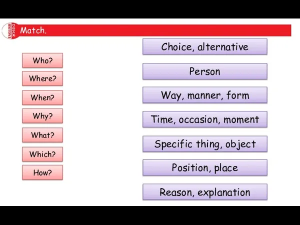 Match. Who? Where? When? Why? What? Which? How? Choice, alternative Person