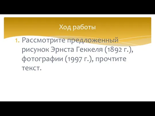 Рассмотрите предложенный рисунок Эрнста Геккеля (1892 г.), фотографии (1997 г.), прочтите текст. Ход работы