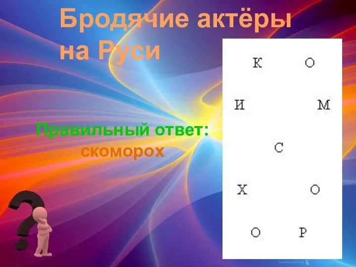 Бродячие актёры на Руси Правильный ответ: скоморох