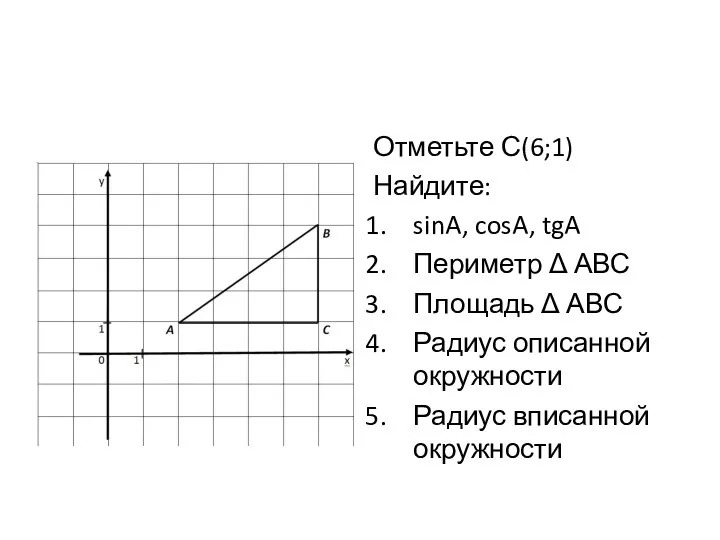 Отметьте С(6;1) Найдите: sinA, cosA, tgA Периметр Δ АВС Площадь Δ