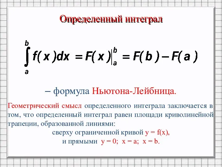 Определенный интеграл – формула Ньютона-Лейбница. Геометрический смысл определенного интеграла заключается в