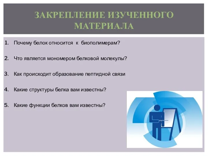 ЗАКРЕПЛЕНИЕ ИЗУЧЕННОГО МАТЕРИАЛА Почему белок относится к биополимерам? Что является мономером