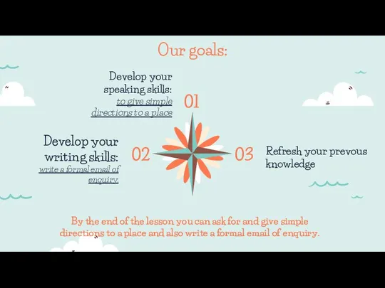 Our goals: Refresh your prevous knowledge Develop your speaking skills: to