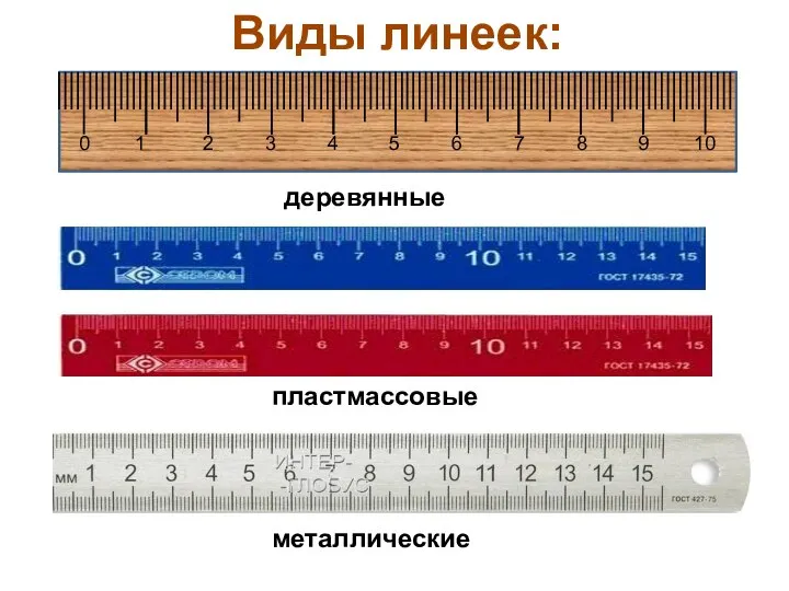 деревянные пластмассовые металлические Виды линеек: