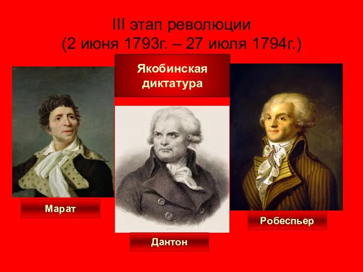 III этап революции (2 июня 1793г. – 27 июля 1794г.) Марат Дантон Робеспьер Якобинская диктатура