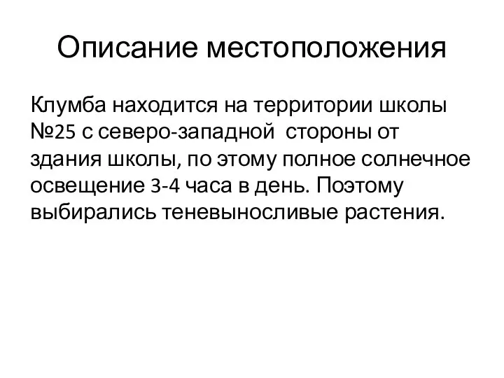 Описание местоположения Клумба находится на территории школы №25 с северо-западной стороны