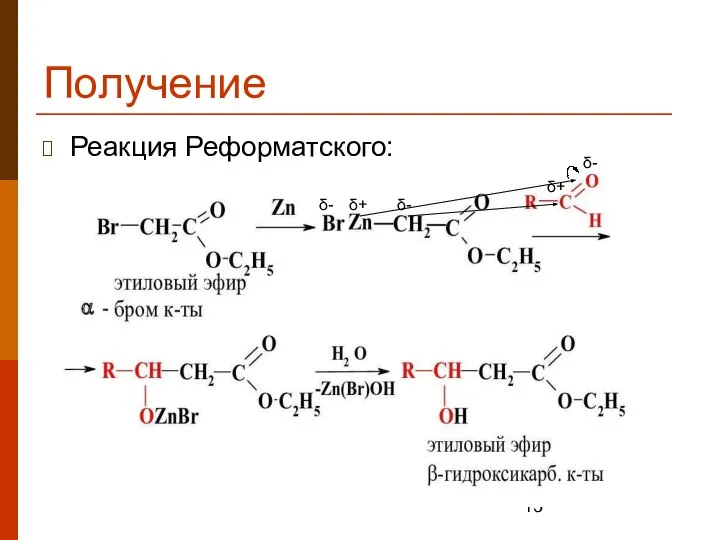 Получение Реакция Реформатского: δ- δ+ δ- δ- δ+