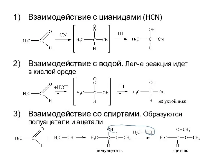 Взаимодействие с цианидами (HCN) Взаимодействие с водой. Легче реакция идет в