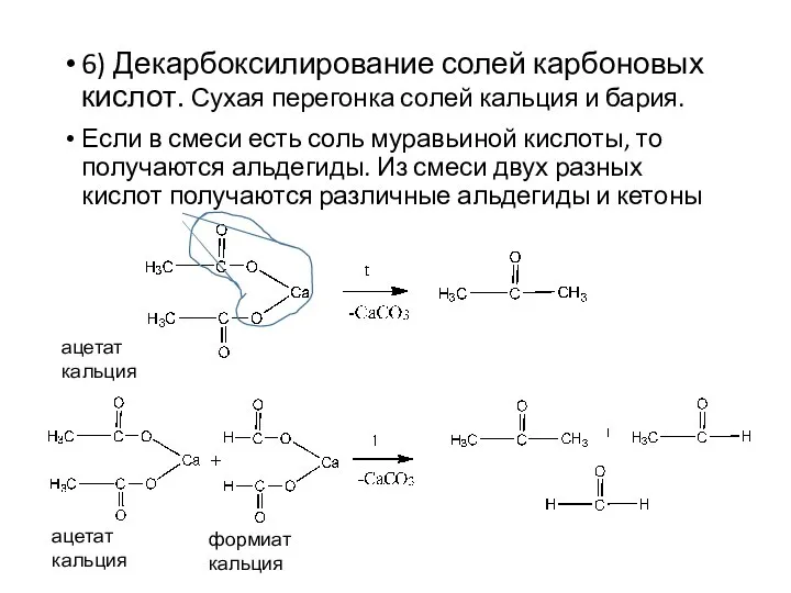 6) Декарбоксилирование солей карбоновых кислот. Сухая перегонка солей кальция и бария.