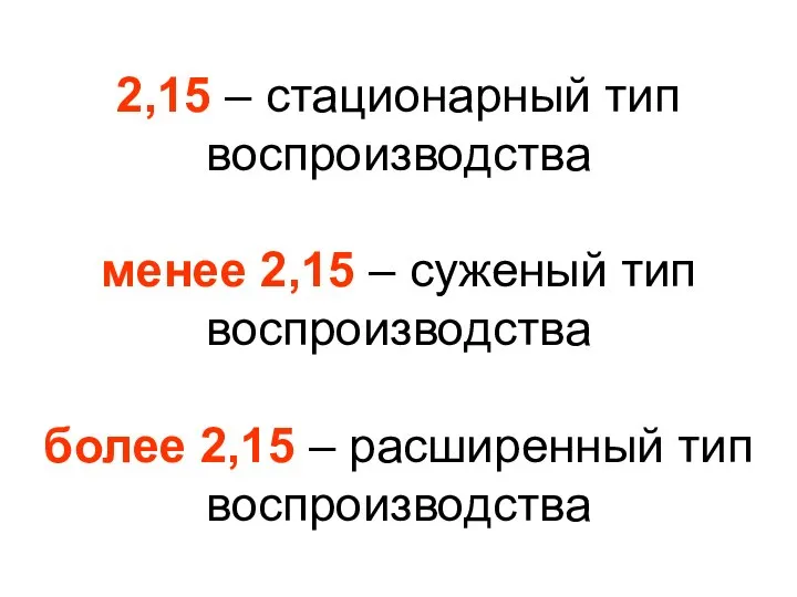 2,15 – стационарный тип воспроизводства менее 2,15 – суженый тип воспроизводства