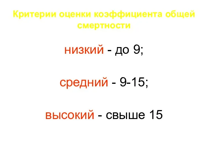 Критерии оценки коэффициента общей смертности низкий - до 9; средний - 9-15; высокий - свыше 15