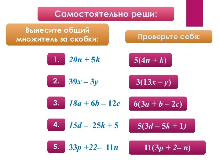 Самостоятельно реши: Вынесите общий множитель за скобки: Проверьте себя: 1. 20n