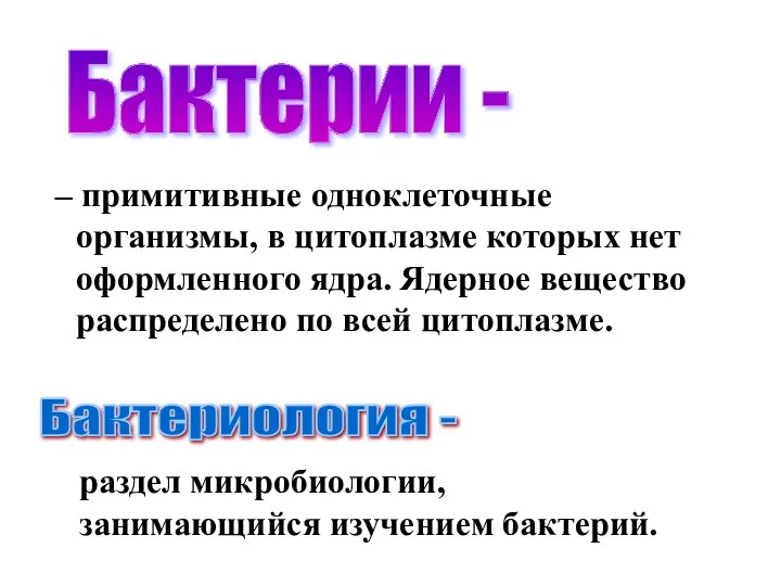 – примитивные одноклеточные организмы, в цитоплазме которых нет оформленного ядра. Ядерное