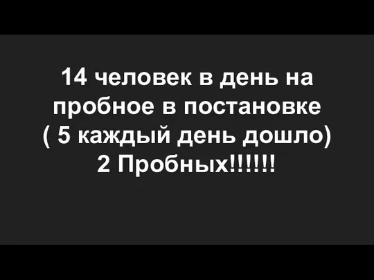 14 человек в день на пробное в постановке ( 5 каждый день дошло) 2 Пробных!!!!!!