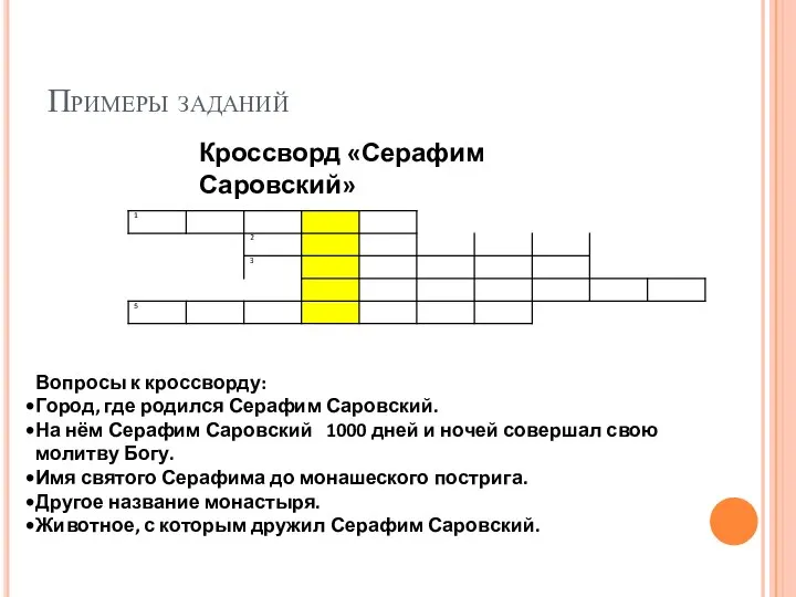 Примеры заданий Кроссворд «Серафим Саровский» Вопросы к кроссворду: Город, где родился