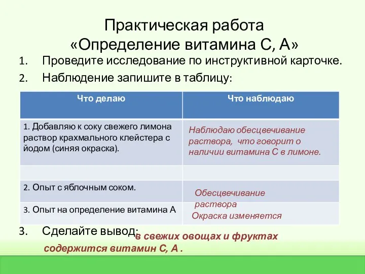 Практическая работа «Определение витамина С, А» Проведите исследование по инструктивной карточке.