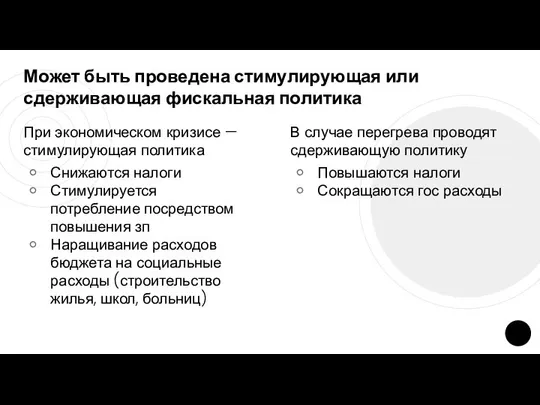 Может быть проведена стимулирующая или сдерживающая фискальная политика При экономическом кризисе