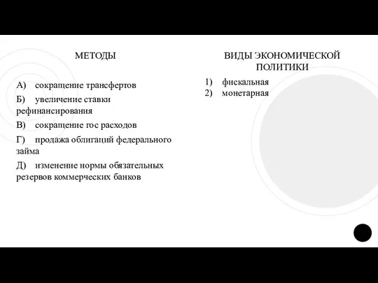 МЕТОДЫ А) сокращение трансфертов Б) увеличение ставки рефинансирования В) сокращение гос