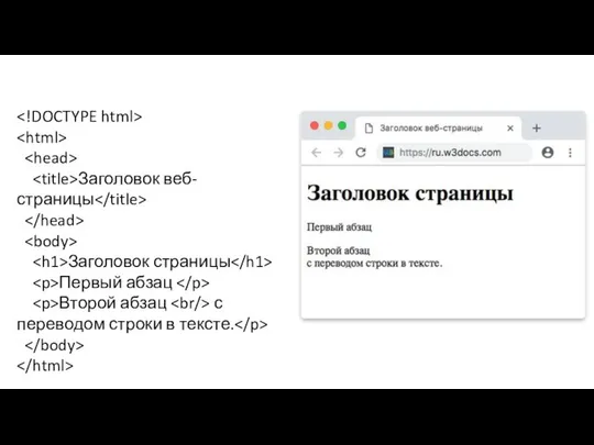 Заголовок веб-страницы Заголовок страницы Первый абзац Второй абзац с переводом строки в тексте.