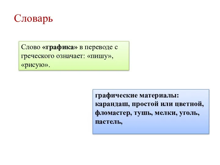 Слово «графика» в переводе с греческого означает: «пишу», «рисую». графические материалы: