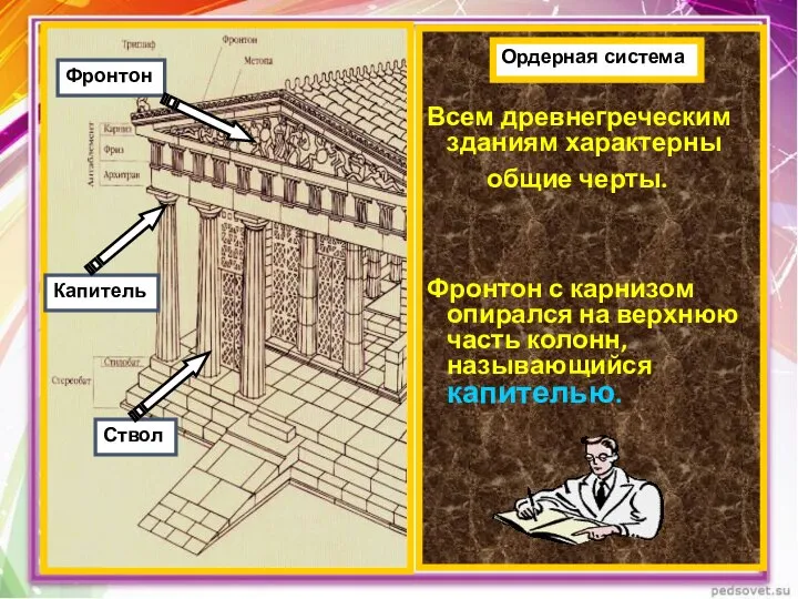 Всем древнегреческим зданиям характерны общие черты. Фронтон с карнизом опирался на