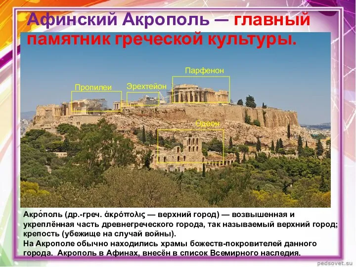 Акро́поль (др.-греч. ἀκρόπολις — верхний город) — возвышенная и укреплённая часть