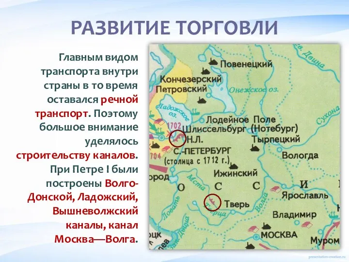 РАЗВИТИЕ ТОРГОВЛИ Главным видом транспорта внутри страны в то время оставался