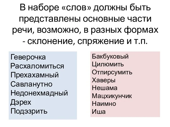 В наборе «слов» должны быть представлены основные части речи, возможно, в