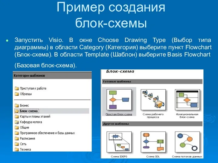 Пример создания блок-схемы Запустить Visio. В окне Choose Drawing Type (Выбор