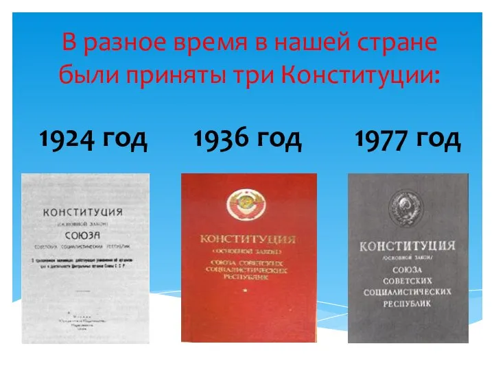 В разное время в нашей стране были приняты три Конституции: 1924 год 1936 год 1977 год