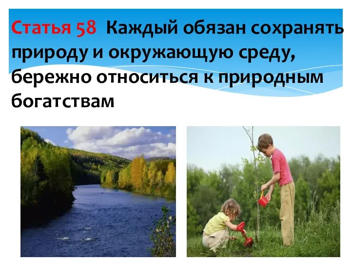 Статья 58 Каждый обязан сохранять природу и окружающую среду, бережно относиться к природным богатствам