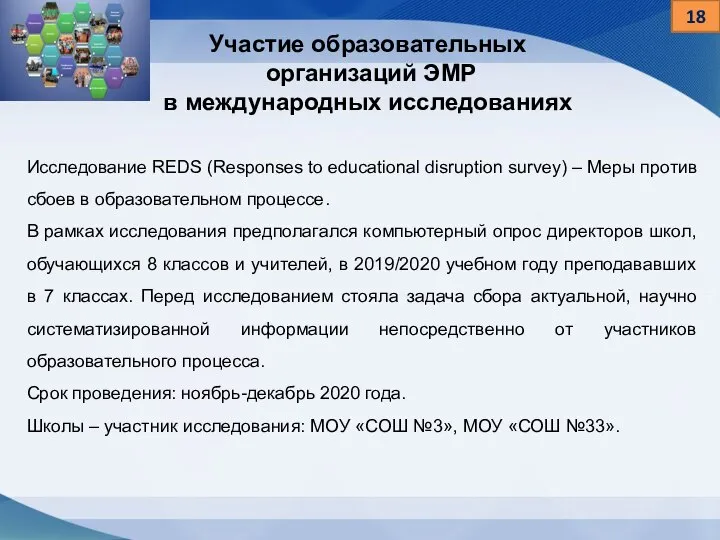 18 Участие образовательных организаций ЭМР в международных исследованиях Исследование REDS (Responses