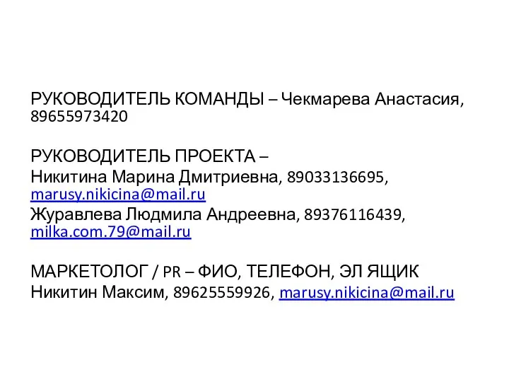 РУКОВОДИТЕЛЬ КОМАНДЫ – Чекмарева Анастасия, 89655973420 РУКОВОДИТЕЛЬ ПРОЕКТА – Никитина Марина