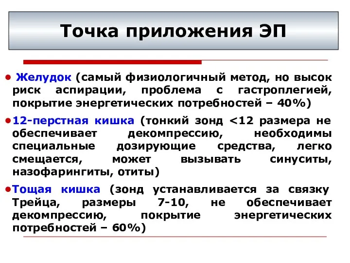 Точка приложения ЭП Желудок (самый физиологичный метод, но высок риск аспирации,