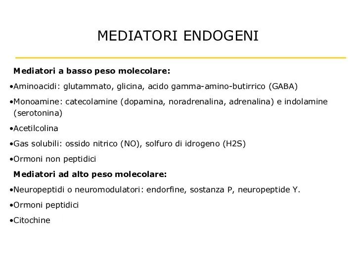 MEDIATORI ENDOGENI Mediatori a basso peso molecolare: Aminoacidi: glutammato, glicina, acido