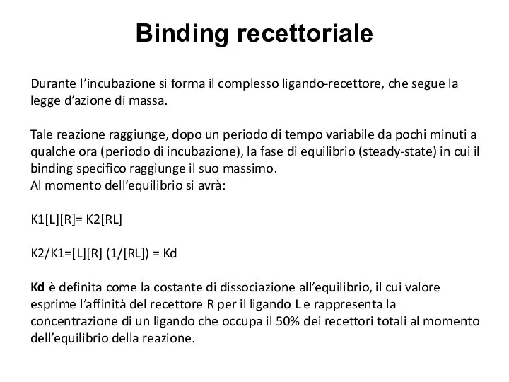 Durante l’incubazione si forma il complesso ligando-recettore, che segue la legge