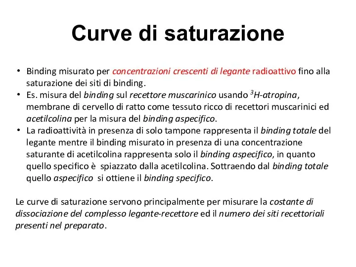 Binding misurato per concentrazioni crescenti di legante radioattivo fino alla saturazione