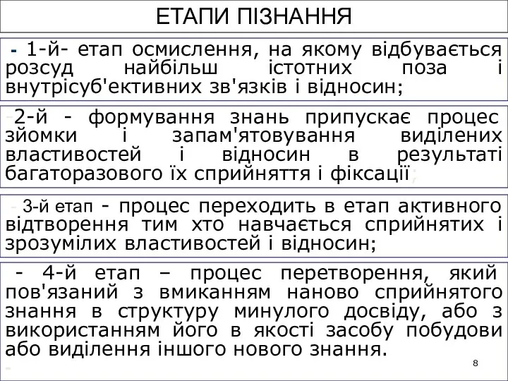 ЕТАПИ ПІЗНАННЯ -2-й - формування знань припускає процес зйомки і запам'ятовування